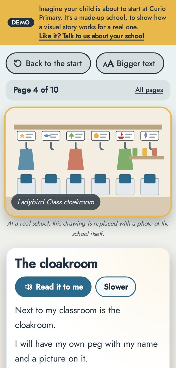 A phone showing “The cloakroom”, a page of My First Day at Curio Primary: a drawing of coat pegs, “Read it to me” and “Slower” buttons, and the words “I will have my own peg with my name and a picture on it.”